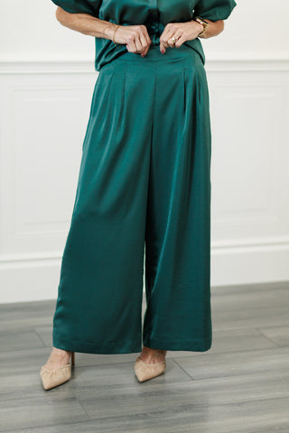 Satin High-Waist Pleated Wide-Leg Pants in Hunter Green