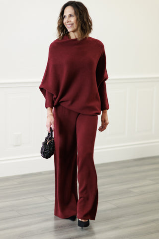 MILIO MILANO Italian Cozy Knit Flared Pants in Wine