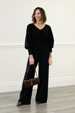 Ribbed Cuff Bubble Sleeve Knit Top in Black – by Milio Milano