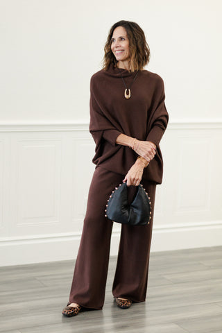 MILIO MILANO Italian Cozy Knit Flared Pants in Chocolate