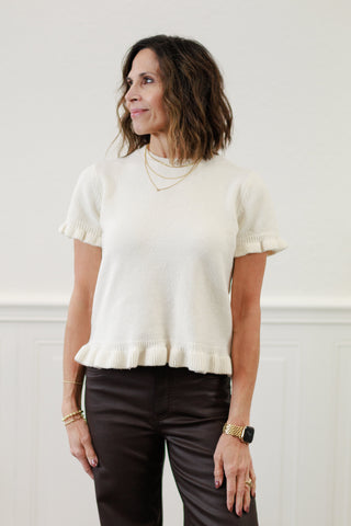 Ruffle Hem Short Sleeve Sweater Top in Cream