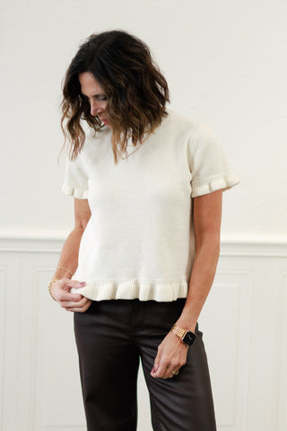Ruffle Hem Short Sleeve Sweater Top in Cream