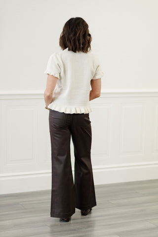 Ruffle Hem Short Sleeve Sweater Top in Cream