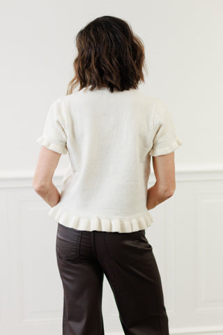 Ruffle Hem Short Sleeve Sweater Top in Cream