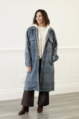 Twofer Hoodie Plaid Jacket in Charcoal Blue