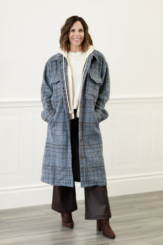 Twofer Hoodie Plaid Jacket in Charcoal Blue