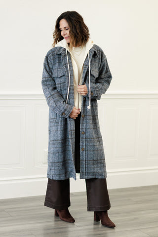 Twofer Hoodie Plaid Jacket in Charcoal Blue
