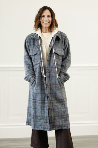 Twofer Hoodie Plaid Jacket in Charcoal Blue