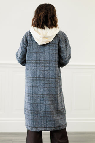 Twofer Hoodie Plaid Jacket in Charcoal Blue