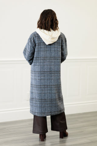 Twofer Hoodie Plaid Jacket in Charcoal Blue