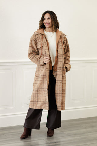 Twofer Hoodie Plaid Jacket in Latte Combo