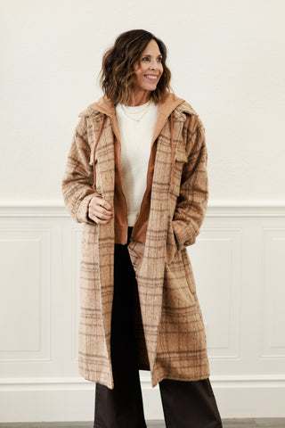 Twofer Hoodie Plaid Jacket in Latte Combo