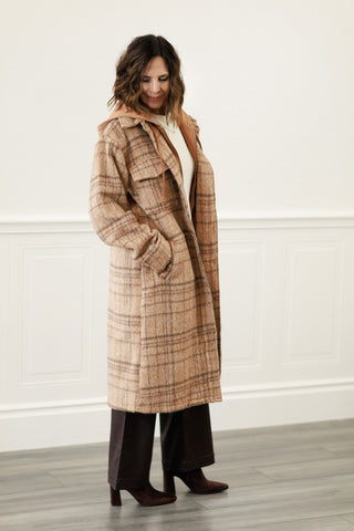 Twofer Hoodie Plaid Jacket in Latte Combo