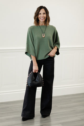 MILIO MILANO Crew Neck Batwing Sleeve Knit Top in Army Green
