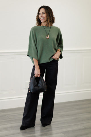 MILIO MILANO Crew Neck Batwing Sleeve Knit Top in Army Green