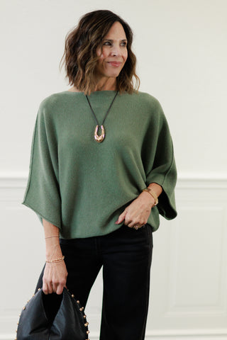 MILIO MILANO Crew Neck Batwing Sleeve Knit Top in Army Green