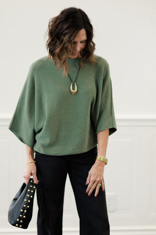 MILIO MILANO Crew Neck Batwing Sleeve Knit Top in Army Green
