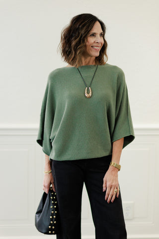 MILIO MILANO Crew Neck Batwing Sleeve Knit Top in Army Green