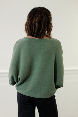 MILIO MILANO Crew Neck Batwing Sleeve Knit Top in Army Green