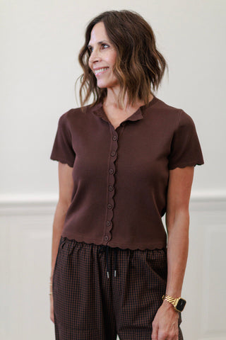 Scalloped Trim Ribbed Button Front Knit Top