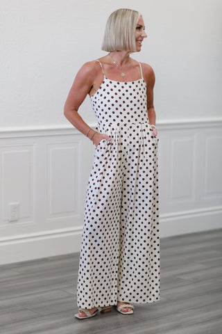 Polka Dot Smocked Back Wide Leg Jumpsuit in Mocha