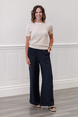 Linen Button Front Wide Leg Pants in Black