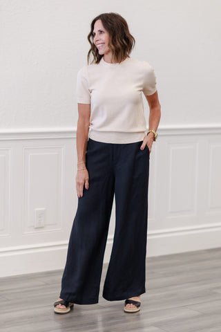 Linen Button Front Wide Leg Pants in Black