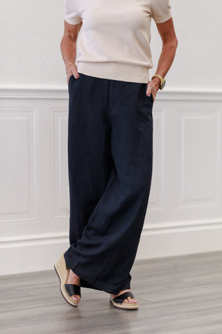 Linen Button Front Wide Leg Pants in Black