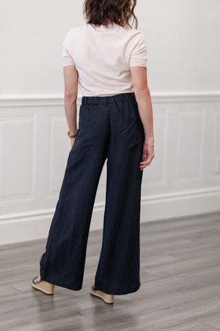 Linen Button Front Wide Leg Pants in Black