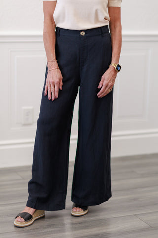 Linen Button Front Wide Leg Pants in Black
