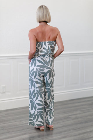 Linen Floral Print Tube Jumpsuit with Pockets in Sage