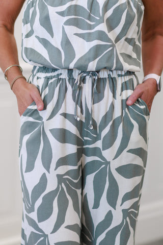 Linen Floral Print Tube Jumpsuit with Pockets in Sage