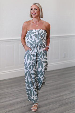 Linen Floral Print Tube Jumpsuit with Pockets in Sage