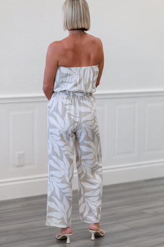 Linen Floral Print Tube Jumpsuit with Pockets in Khaki