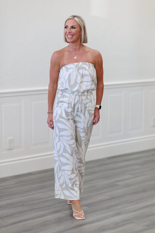 Linen Floral Print Tube Jumpsuit with Pockets in Khaki