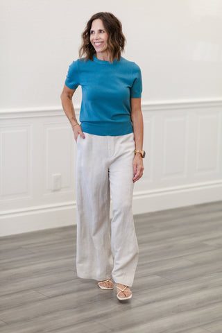 Linen Button Front Wide Leg Pants in Natural