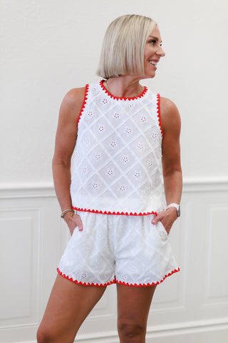 White Eyelet Red Trim Crop Top and Shorts Set