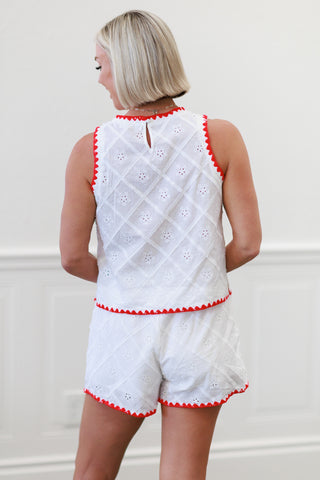 White Eyelet Red Trim Crop Top and Shorts Set
