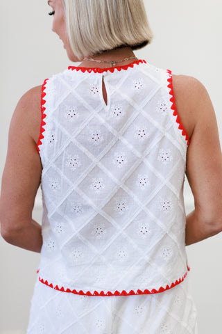 White Eyelet Red Trim Crop Top and Shorts Set