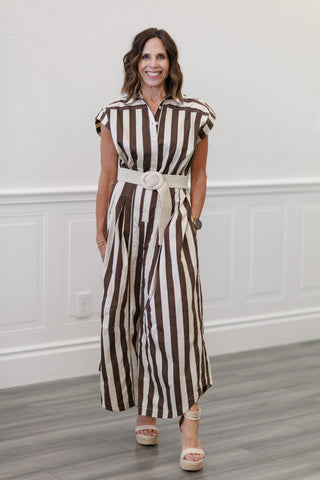 Stripe Short Sleeve Wide Leg Jumpsuit in Ivory/Brown