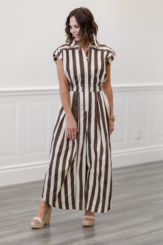 Stripe Short Sleeve Wide Leg Jumpsuit in Ivory/Brown