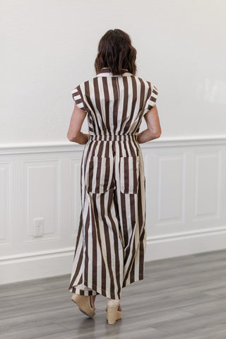 Stripe Short Sleeve Wide Leg Jumpsuit in Ivory/Brown