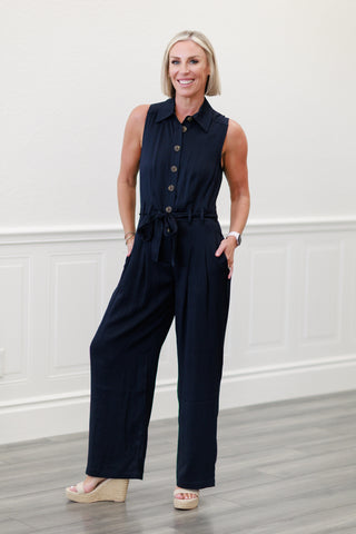 Elan: Dark Wash Denim Sleeveless Wide Leg Jumpsuit