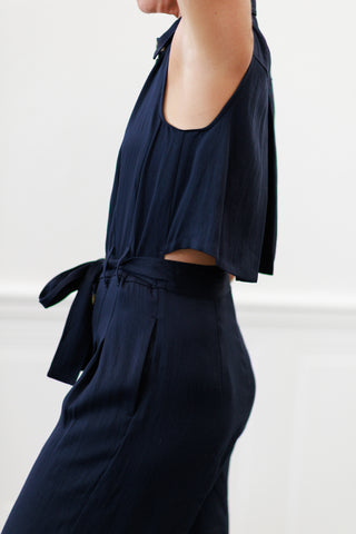 Elan: Dark Wash Denim Sleeveless Wide Leg Jumpsuit
