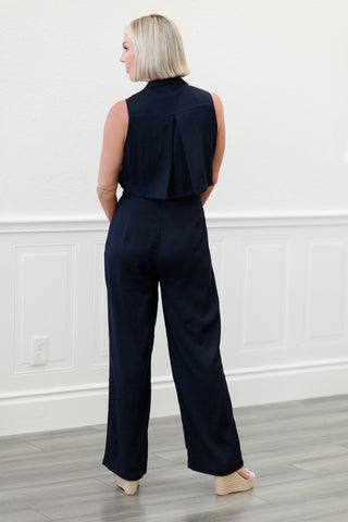 Elan: Dark Wash Denim Sleeveless Wide Leg Jumpsuit