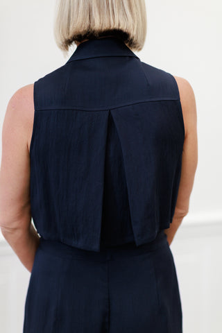 Elan: Dark Wash Denim Sleeveless Wide Leg Jumpsuit