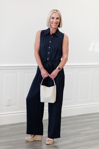Elan: Dark Wash Denim Sleeveless Wide Leg Jumpsuit