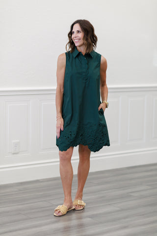 Eyelet Hem Sleeveless Shirt Dress in Hunter Green