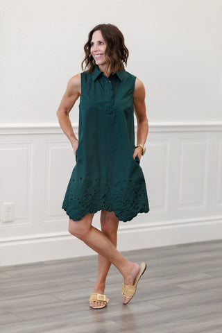 Eyelet Hem Sleeveless Shirt Dress in Hunter Green