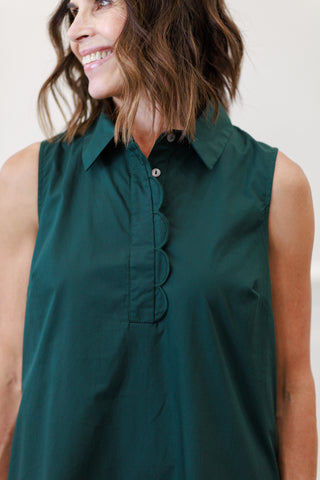 Eyelet Hem Sleeveless Shirt Dress in Hunter Green